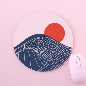 Sun And Sea Sunset Waves Abstract Minimalist Art Custom Made Round Non-Slip Black And White Mouse Mat Pad For PC Mac Computer