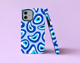 Evil Eye Blue Trippy Pattern 2 en 1 Dual Tough Phone Case/Cover pour iPhone 7 XR 11 12 13 14 15 Pro Max Mini SE 3 Plus Samsung S20 FE S21 S22