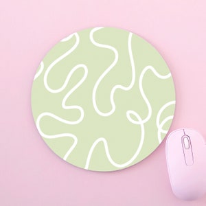 Sage Green And White Swirls Abstract Lines Pattern Art Custom Made Round Non-Slip Black And White Mouse Mat Pad For PC Mac Computer
