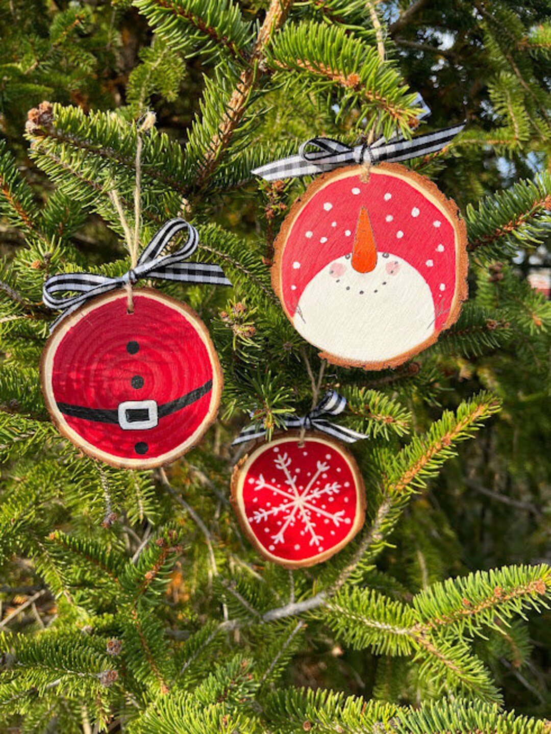 Set of 3 Rustic Wood Slice Hand Painted Ornaments (santa, Snowflake ...