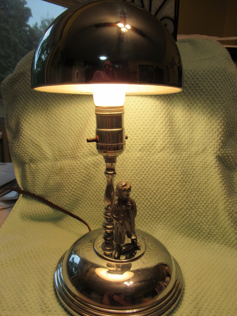 Mid-Century Art Deco Metal Chrome Tabletop Lamp Dome-Shaped Shade Boy Figurine
