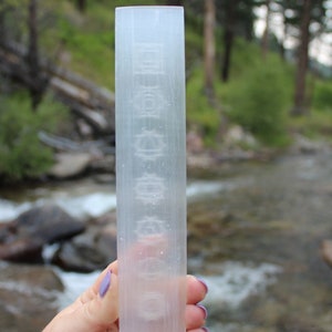 Pu&ograve; includere: Una bacchetta di selenite trasparente con una superficie liscia e lucida. La bacchetta &egrave; lunga circa 15 cm e ha una forma rettangolare. La bacchetta &egrave; tenuta in una mano su uno sfondo sfocato di un ruscello e alberi.
