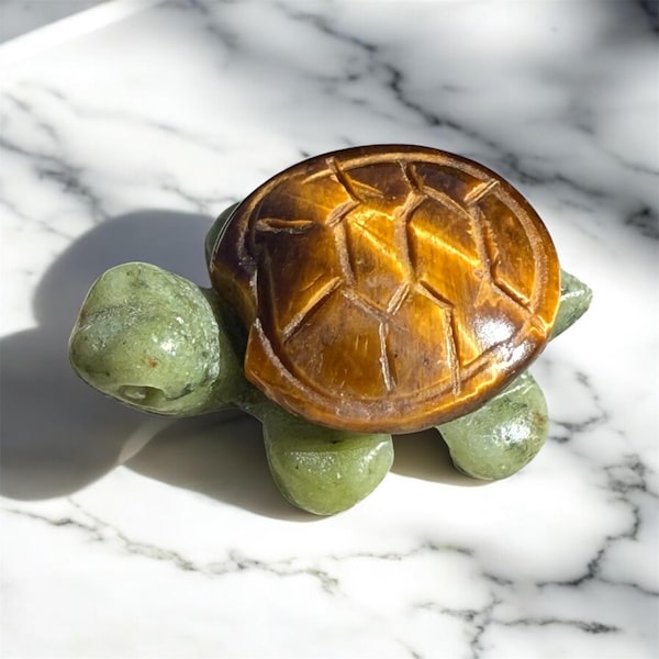 Gemstone Turtle Carving, Small Jade & Tiger Eye Turtle Figurine
