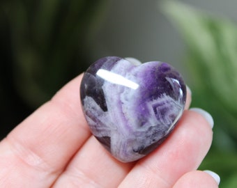 Chevron Amethyst Crystal Heart, Dream Amethyst Carved Heart, Polished Amethyst Pocket Stone