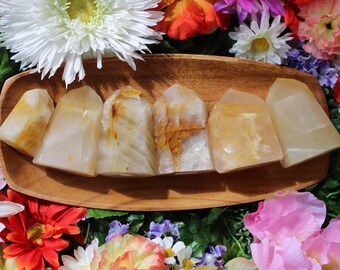 May include: Seven clear quartz crystal points with a golden yellow hue, arranged in a row on a wooden tray. The crystals are surrounded by colorful flowers.
