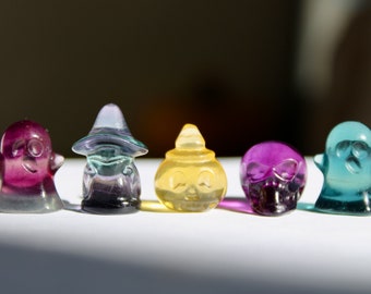 Mini Fluorite Halloween Carvings: Spooky Crystal Witch, Skull, Ghost, Pumpkin