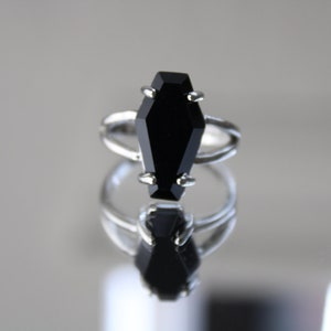 Black Onyx Coffin Ring, Silver Plated Spooky Halloween Jewelry