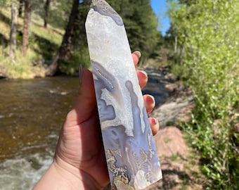 Large Moss Agate Crystal Tower: Polished Agate Point Generator