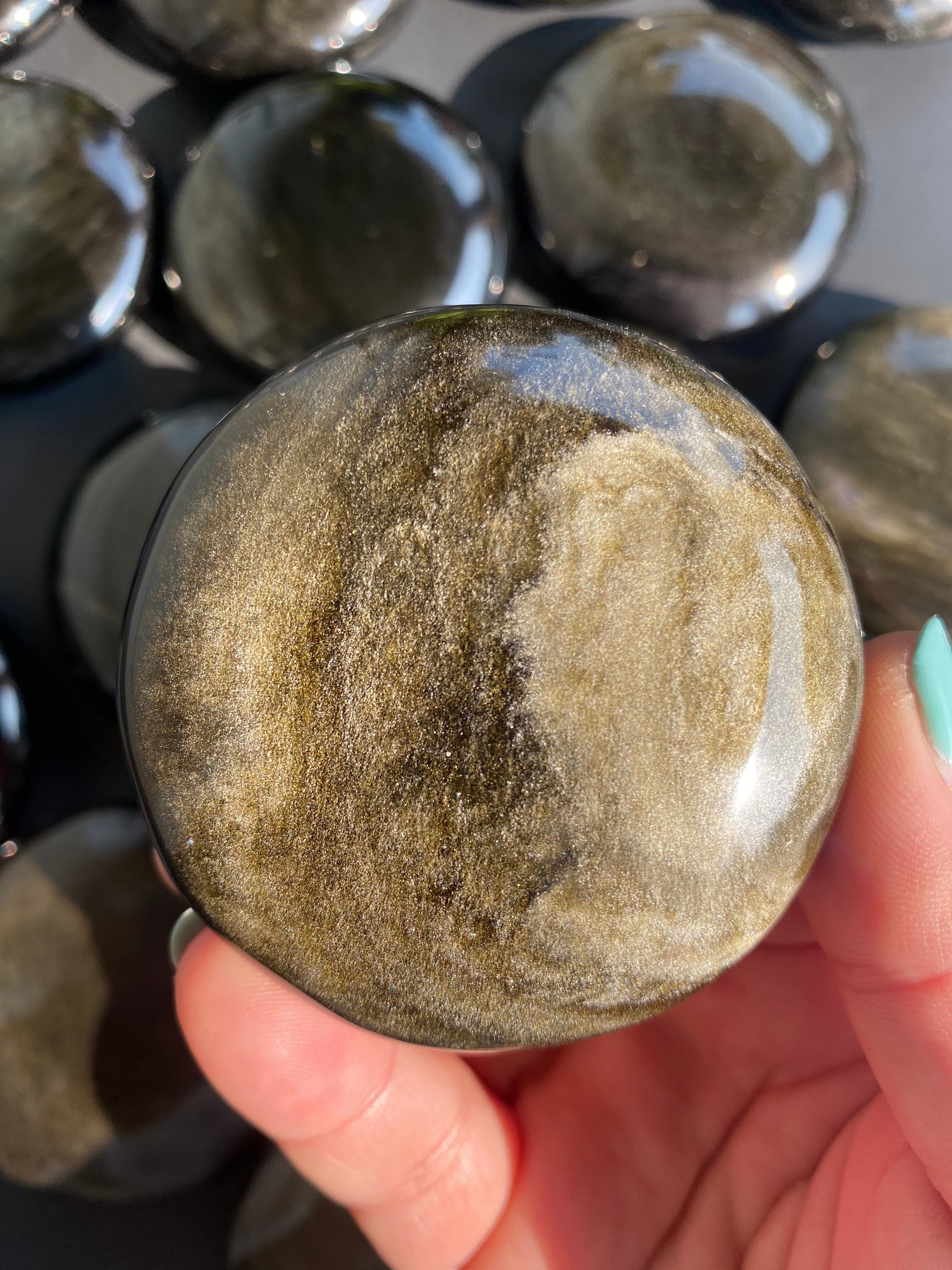 High Quality Large Gold Sheen Obsidian Palm Stone, 60 mm Polished Gold Sheen Obsidian, Wizard Crystal