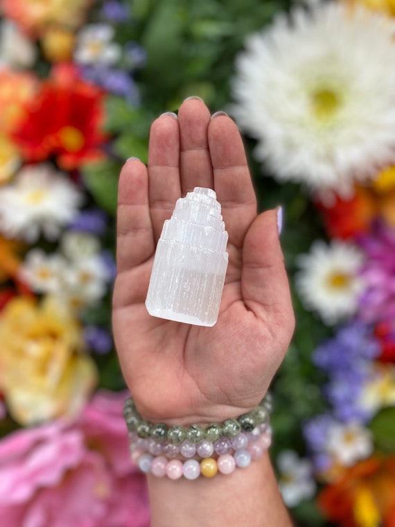Satin Spar Crystal Skyscraper Pillar, 2.5” Selenite Gemstone Tower, Gypsum Stone