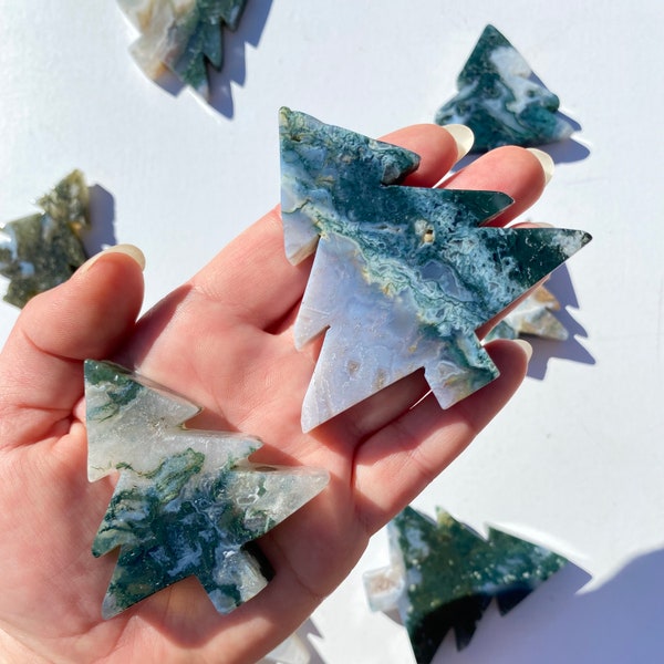 Moss Agate Crystal Christmas Tree, Holiday Carved Gemstone