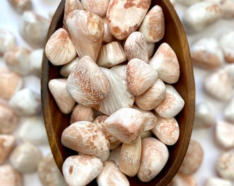 May include: A wooden bowl filled with tumbled peach calcite stones. The stones have a mix of white and peach colors with unique patterns. The bowl sits on a white surface, surrounded by more of the same stones.