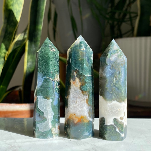 High Quality Moss Agate Polished Point, Natural Moss Agate Tower Generator, Self-Standing Gemstone