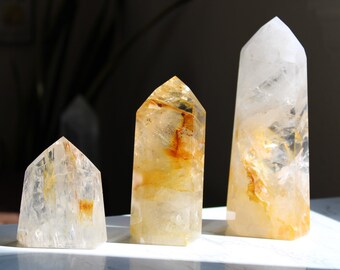 Large Golden Healer Crystal Towers, Chunky Polished Gemstone Point, Iron Included Quartz Point Pillar