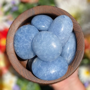 Blue Calcite Palm Stone, Polished Blue Calcite Gallet, Choose Small, Medium, or Large, Throat Chakra Clearing Metaphysical Stone