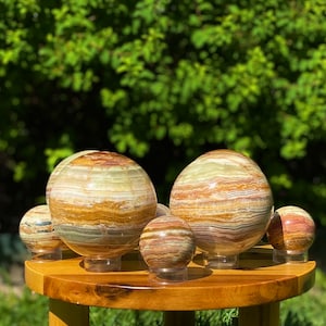 Green Onyx Crystal Sphere with Stand, 2&quot; Small or 4&quot; XL Banded Calcite Sphere, Jupiter Sphere