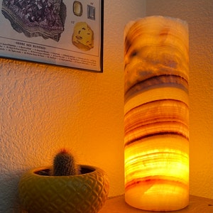 Onyx Cylinder Lamp, Banded Calcite Table Lamp, Crystal Home Decor, Warm Glow Natural Stone