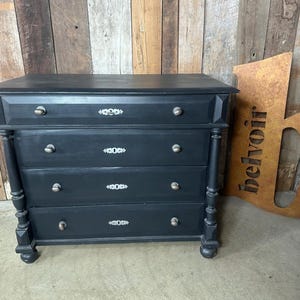 Antique Painted Blue Black Pine Continental Chest Of Four Drawers, C 1870