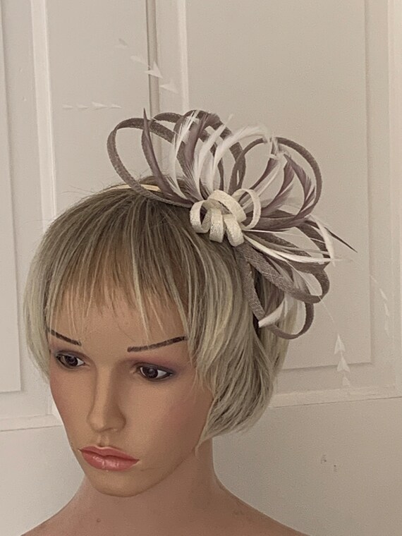 Taupe \u0026 Ivory Feather Fascinator Taupe 