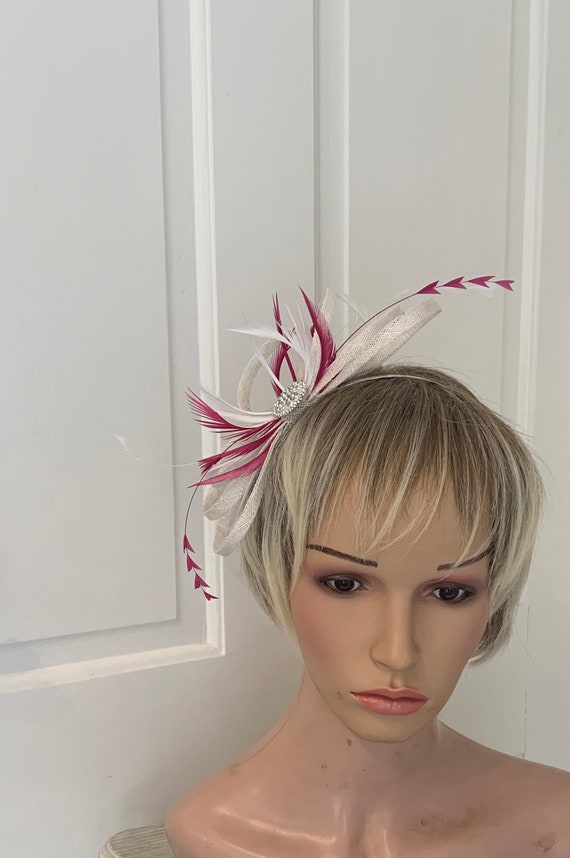 White and Deep Pink Feather Fascinator, Elegant White With  display picture 1