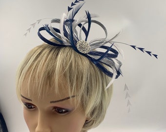 Silver and navy blue feather fascinator, silver fascinator with navy blue, simple silver headpiece for weddings, navy and silver fascinator