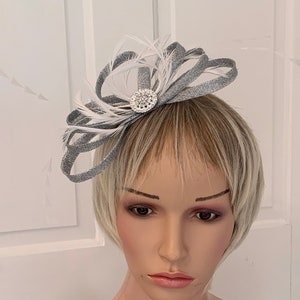 May include: A silver and white hair comb with a sparkly rhinestone embellishment. The comb is made of a soft, delicate material and has a simple, elegant design.