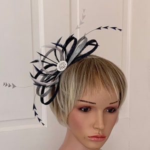 Silver and navy blue feather fascinator, silver fascinator with navy blue, simple silver headpiece for weddings, navy and silver fascinator