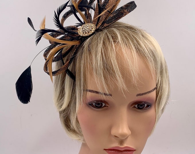Gold and Black Feather Fascinator on Hairband Gold Fascinator Etsy UK