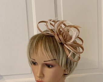 Gold and nude feather fascinator on thin hairband or comb, nude fascinator with gold, sand colour fascinator, can be made in 80 colours
