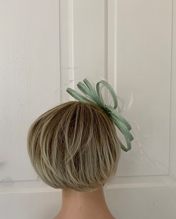 Mint Green and White Feather Fascinator, Pale Green and White