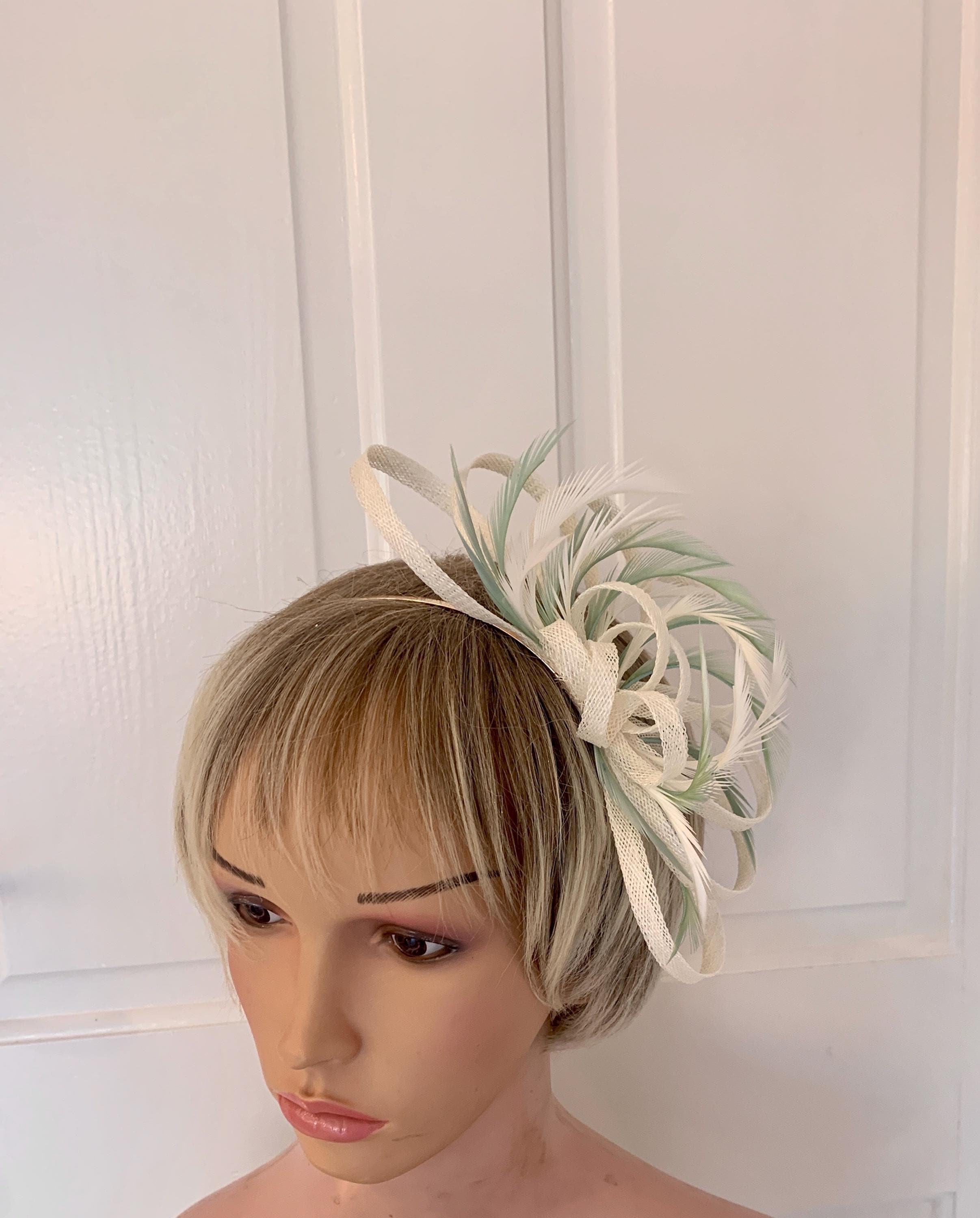 Ivory Fascinator with Olive Green & Ivory French Netting & Feathers Ivory, Sage Green Fascinator - Etsy main image 2