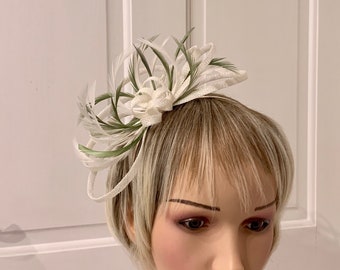 Ivory & sage green  feather  fascinator, small ivory/dark sage headpiece, elegant ivory and sage green fascinator, dainty ivory fascinator