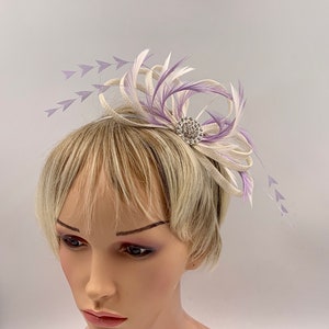 Ivory & lilac feather fascinator ivory fascinator with lilac feathers for weddings, elegant headpiece with lilac feathers ,small fascinator