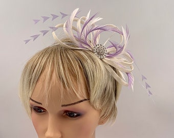 Ivory & lilac feather fascinator ivory fascinator with lilac feathers for weddings, elegant headpiece with lilac feathers ,small fascinator