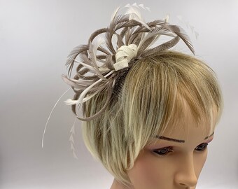 Taupe \u0026 Ivory Feather Fascinator Taupe 