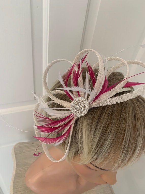 White and Deep Pink Feather Fascinator, Elegant White With  display picture 2