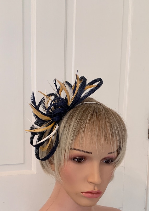 Navy ,ochre Yellow & Ivory Feather Fascinator Made on a Comb  display picture 2