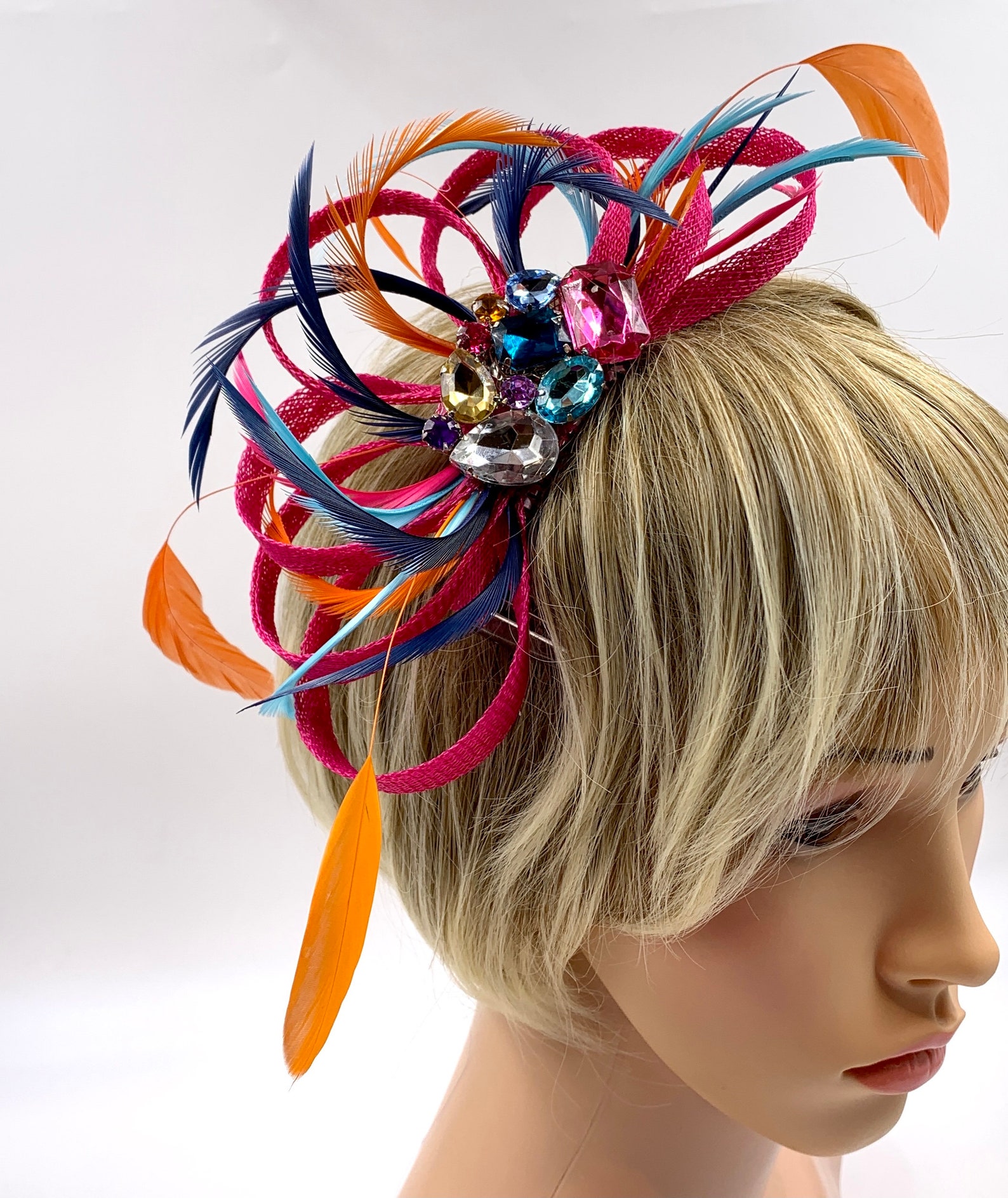 Rainbow feather fascinator multicoloured feather fascinator Etsy