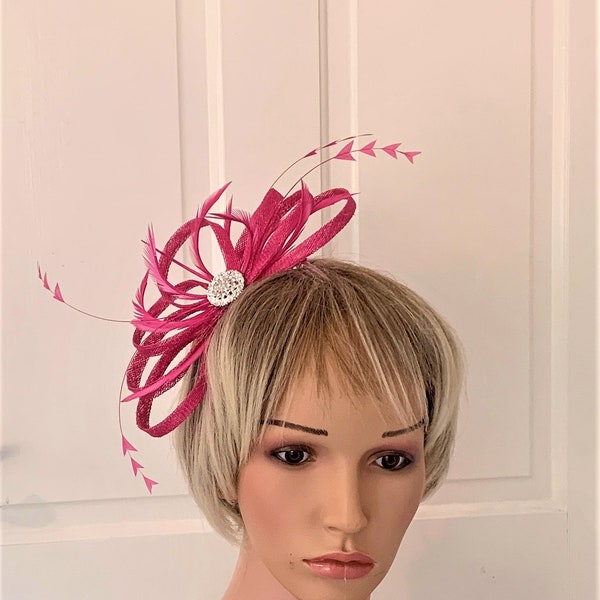 Hot pink feather fascinator on either a clear comb or a thin hairband, fuschia pink fascinator,  hotpink headpiece for weddings