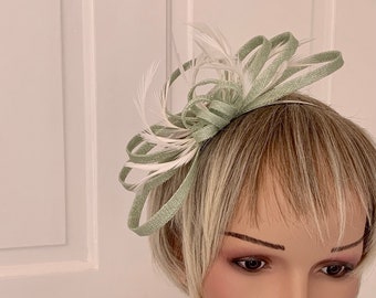 Sage green and ivory feather fascinator,  can be made in over 80 colours, contact me with the colours of your outfit for me to match