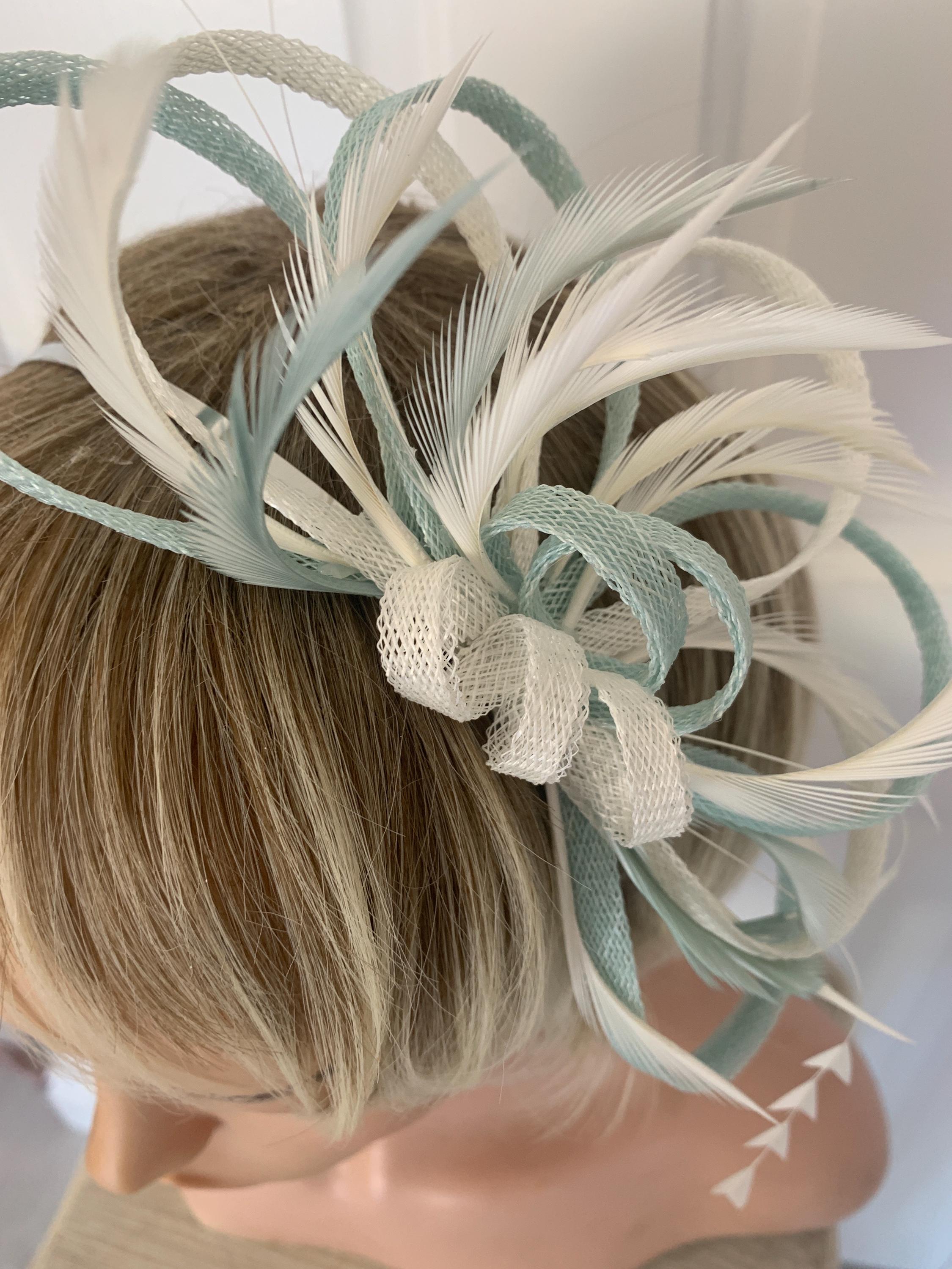 Duck Egg and Ivory Feather Fascinator, Duck Egg Blue 
