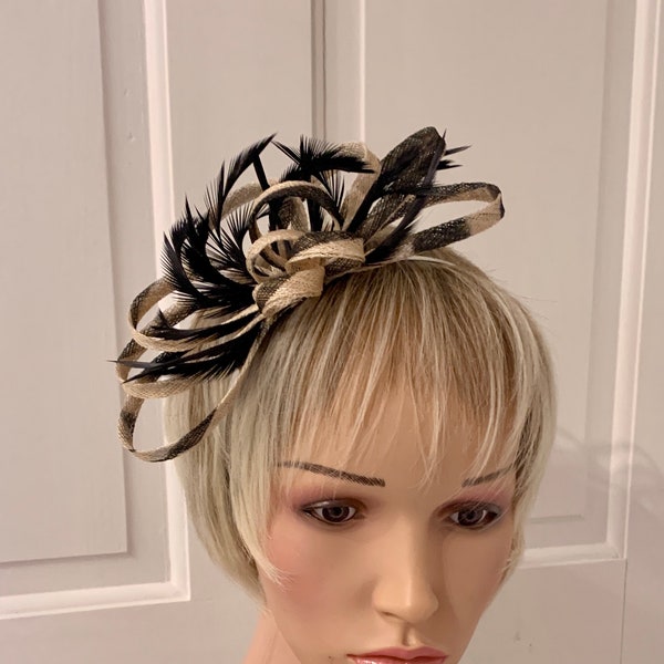 Animal print feather fascinator on hairband or comb, gold and black fascinator on hairband, animal print headpiece for weddings / races