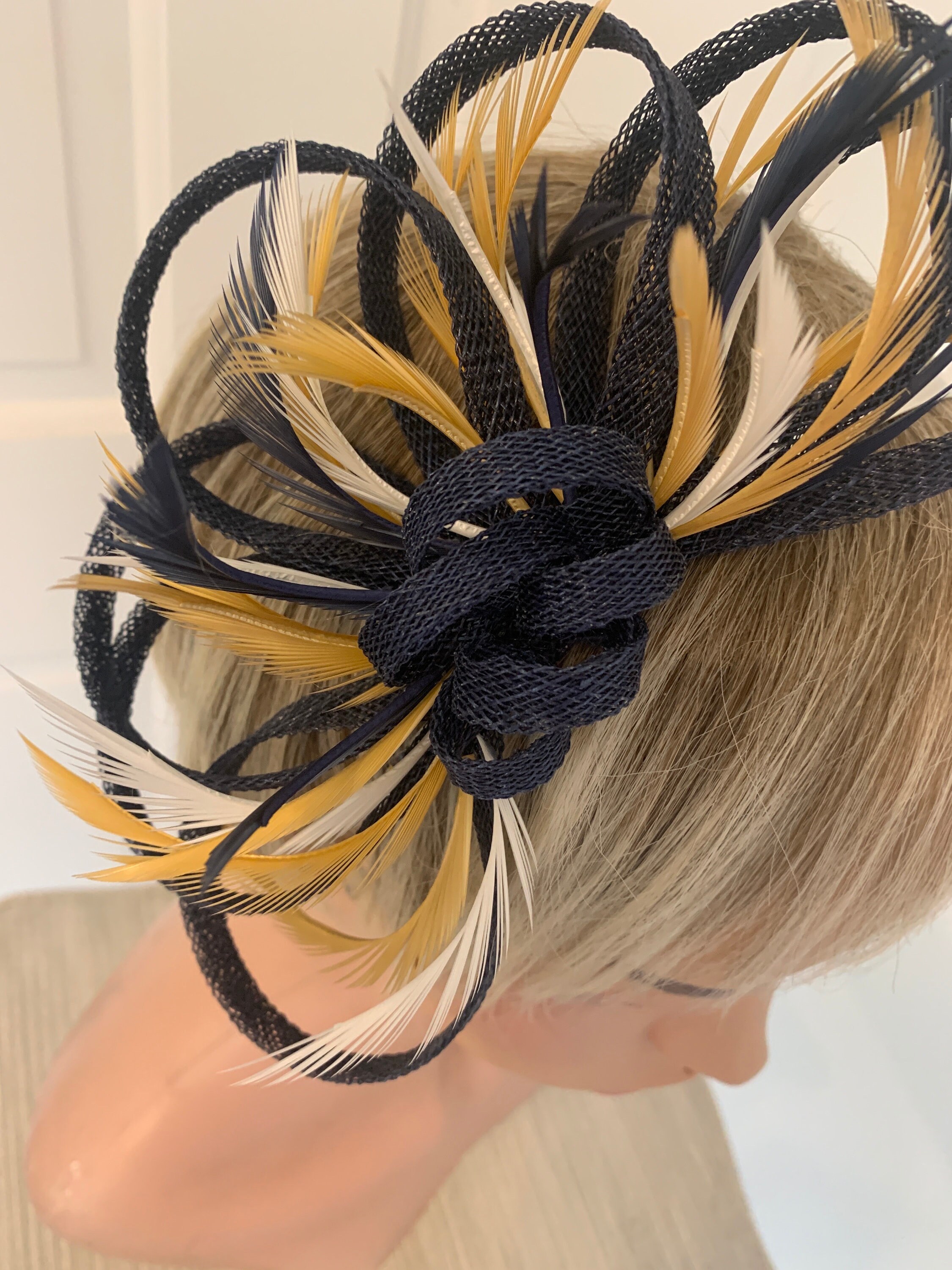 Navy and Yellow Feather Fascinator Headband Caprilite Navy and Yellow Fascinator Light Net Hoop Feather  main image 2