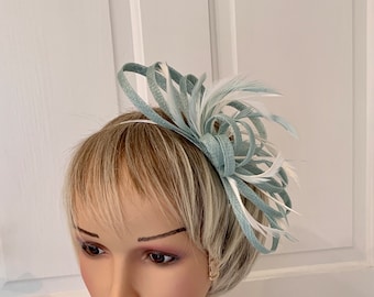 Duck egg and ivory  feather fascinator, bluey aqua fascinator for weddings, elegant duck egg headpiece, can be made in over 80 colours