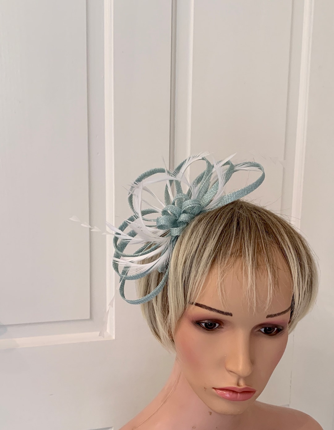 Duck Egg and White Feather Fascinator, Blue Aqua Fascinator for