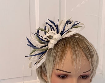 Ivory ,navy and sage green feather fascinator, ivory with navy and green feathers, can be made to match your outfit, ivory small fascinator