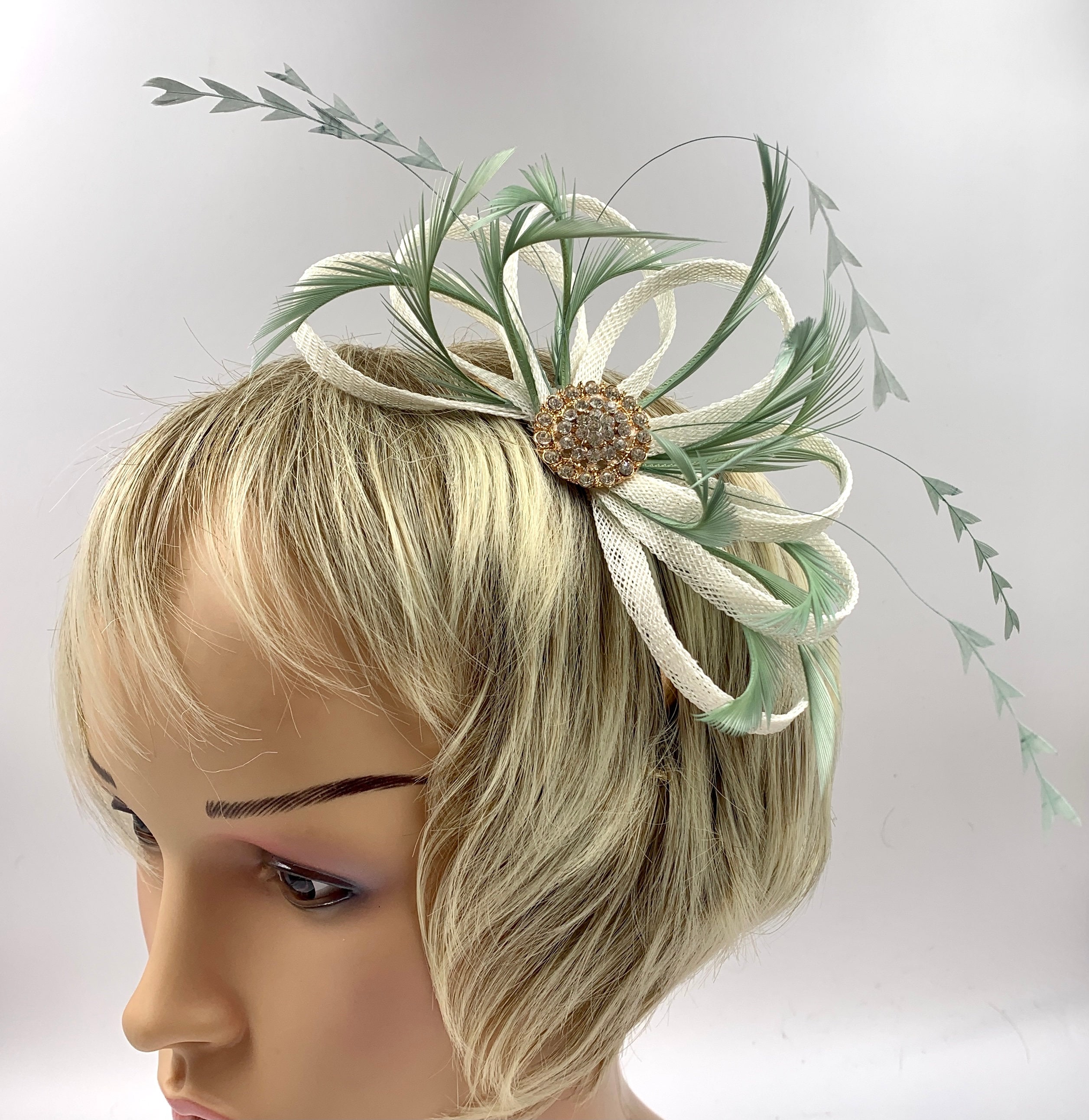 Ivory & Sage Green Feather Fascinator Small Ivory Sage Etsy UK
