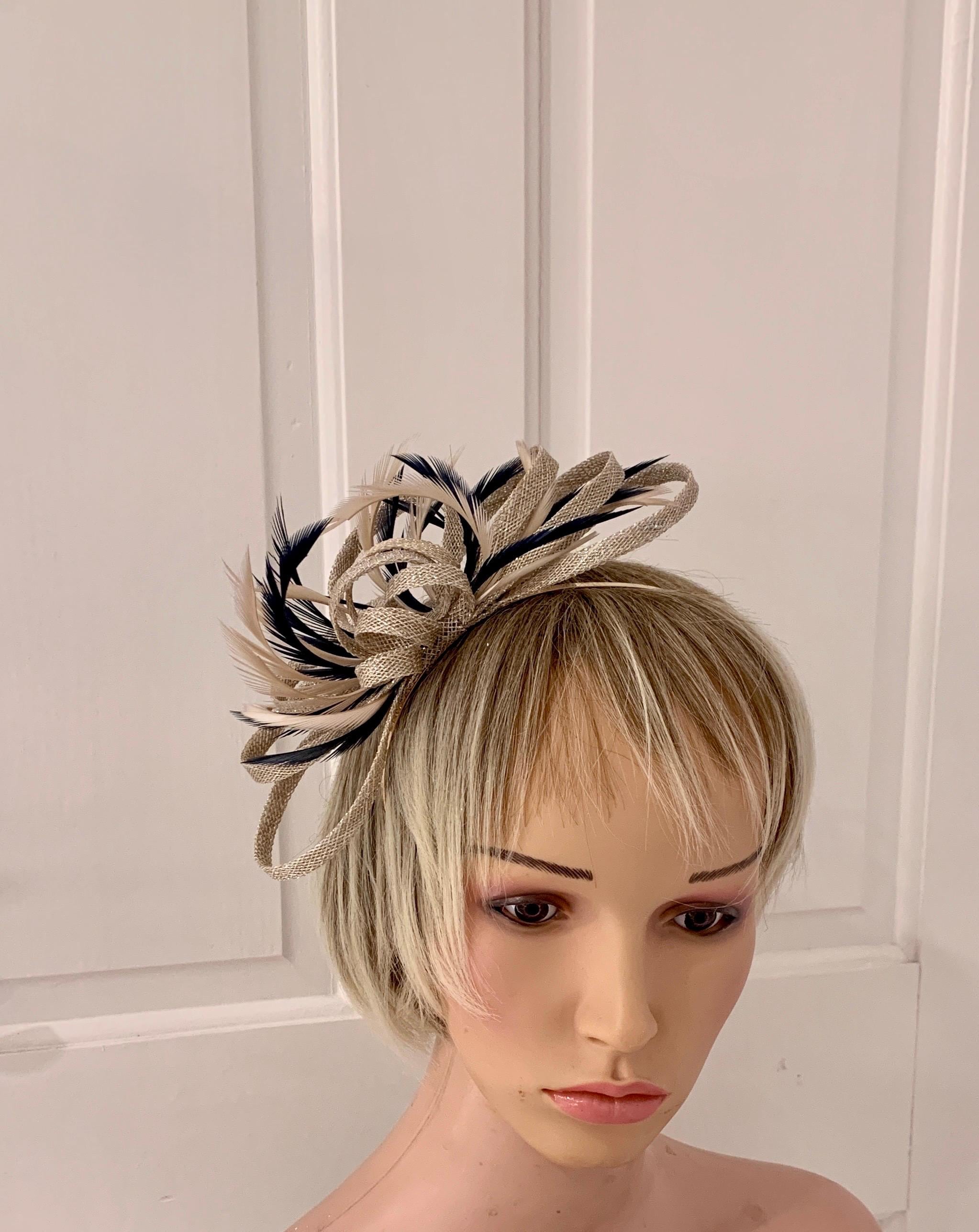 Champagne Sparkley Gold & Navy Fascinator on Hairband or 