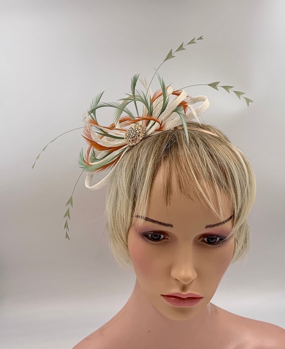 Ivory, Sage Green and Burnt Orange Feather Fascinator for  display picture 2