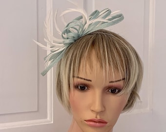 Duck egg  and ivory feather fascinator, duck egg blue headpiece with ivory feathers for wedding, elegant duckegg blue  fascinator with ivory